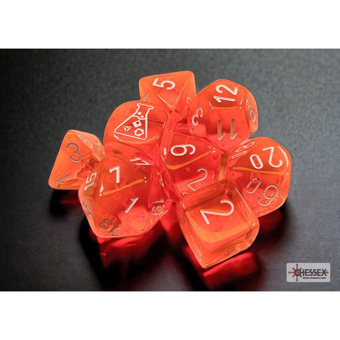 Chessex - Translucent Polyhedral Neon Orange/white 7-Die Set (with bonus die)