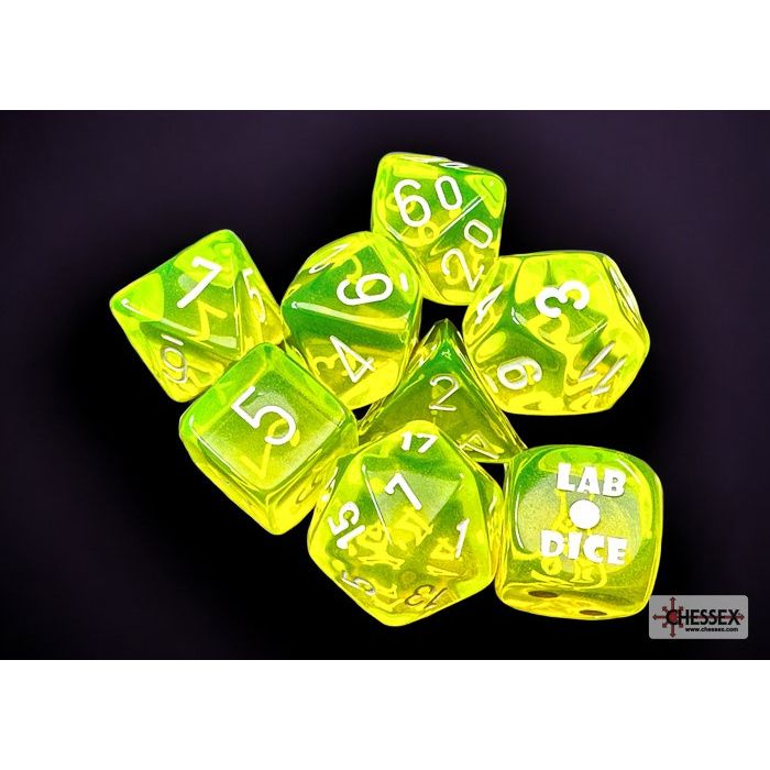 Chessex - Translucent Polyhedral Neon Yellow/white 7-Die Set (with bonus die)