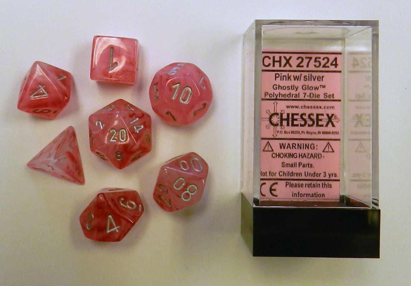 Polyhedral 7-Die Ghostly Glow Chessex Dice Set - Pink with Silver